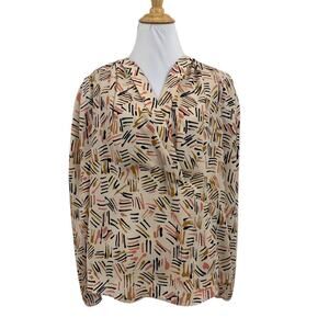 Cabi Blouse Womens S Small Tan Marni Shoulder Pads Abstract Surplice Long Sleeve